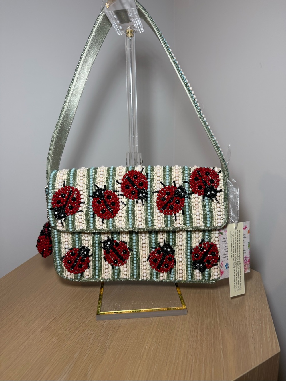 Beaded Ladybug Pattern Shoulder Bag - Green & Red